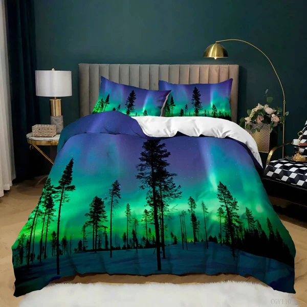 Top-Quality Aurora Bois Duvet Cover Set – Northern Lights Tree Landscape Bedding Efficient