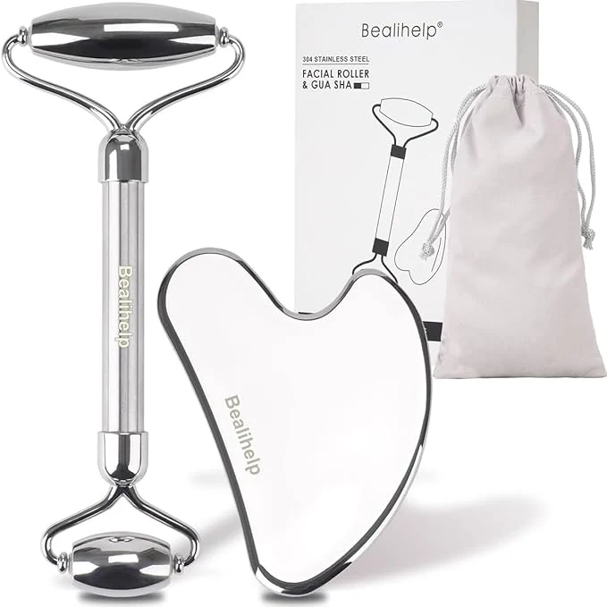 Professional Bealihelp Face Roller and Gua Sha Stainless Steel Facial Roller and Guasha Tool Eco-Friendly