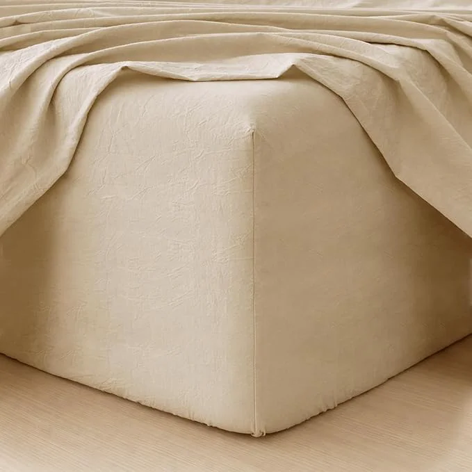 Practical MooMee Fitted Bottom Sheet Only Washed Cotton Linen Like Textured Breathable Durable Soft Comfy Deep Pocket Fits Mattress up to 17 quot Almond Milk Grey California King Luxury