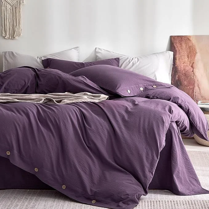 Prestigious JELLYMONI Washed Cotton Duvet Cover Full – Soft Breathable Linen-Look Bedding with Natural Wrinkle Texture Button Closure 3-Piece Set Iris Purple 80 quot x90 quot Durable