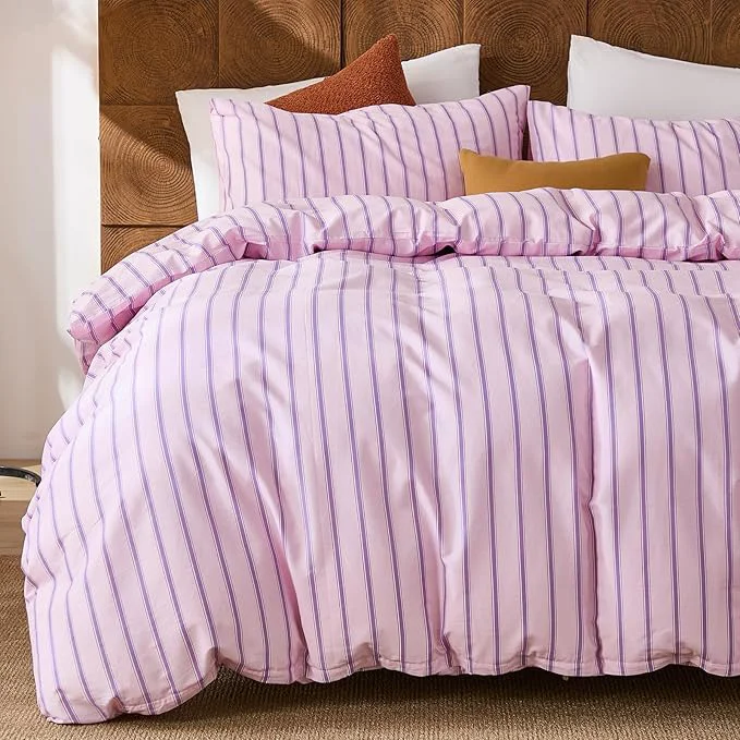 Elegant Merryword Cotton Duvet Cover Set Queen Size – Pink amp Purple Striped Bedding Set with Zipper amp Corner Ties 3-Piece Luxury amp Silky Soft Bedding Set for All Seasons Professional