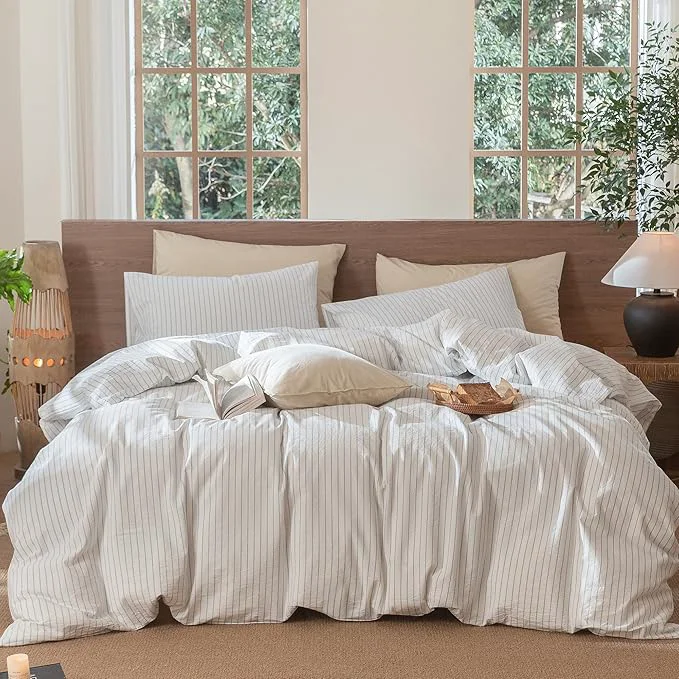 Excellent MooMee Striped Duvet Cover Set Washed Cotton Linen Like Textured Breathable Durable Soft Comfy White Cornflower Blue Wide Stripes Oversized King Plus 128 quot x120 quot Crafted