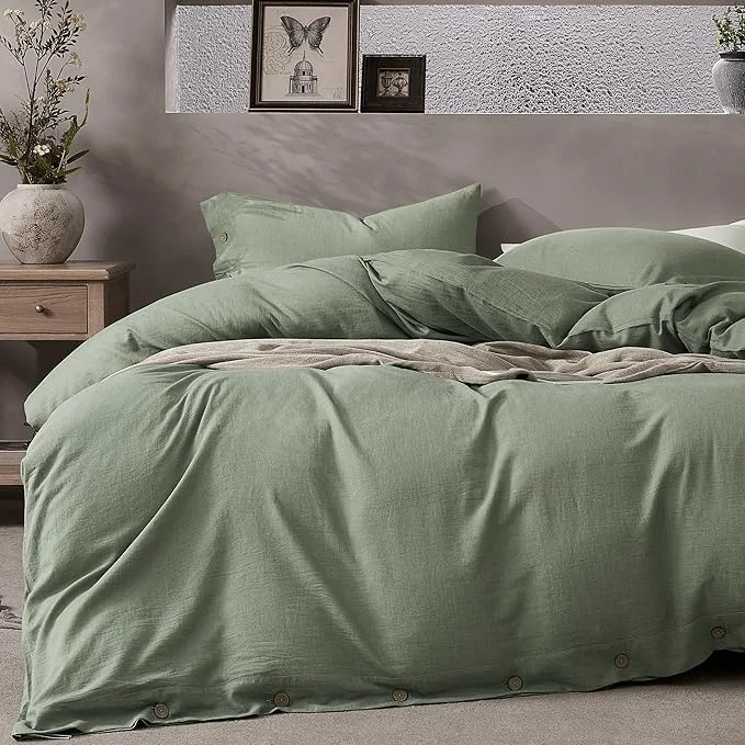JELLYMONI Cotton Duvet Cover King Size – Sage Green Comforter Cover with Button Washed Cotton 3PCS Breathable Soft Solid Bedding Set Duvet Cover 104×90in amp 2 Pillowcases NO Comforter Dependable