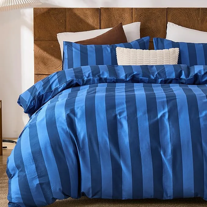 Verified Merryword Blue Striped Duvet Cover Set Queen Size Natural Cotton Linen Like Duvet Cover Set with Zipper Closure amp 8 Corner Ties Dark Blue Soft Reversible Bedding for All Seasons Breathable