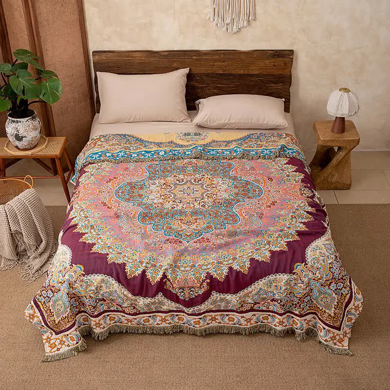 Crafted Ownkoti Retro Ethnic Tassel Cotton Quilt Blanket Verified