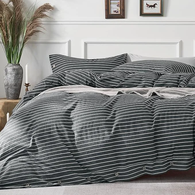 Proven JELLYMONI Cotton Duvet Cover Cal King Size – Gray Pinstriped Comforter Cover with Button Washed Cotton 3PCS Breathable Soft Bedding Set Duvet Cover 104×98in amp 2 Pillowcases NO Comforter High-End