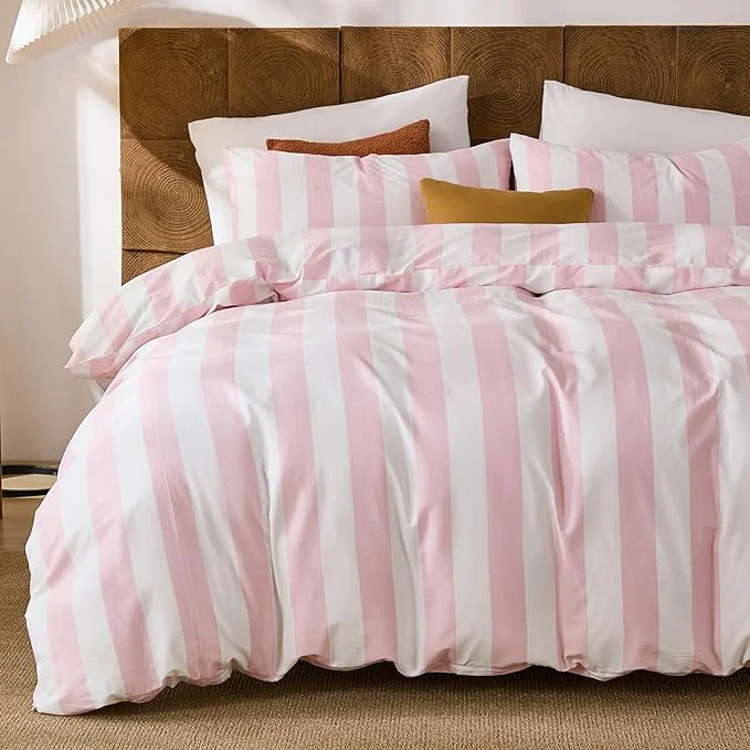 Premium Merryword Pink and White Striped Duvet Cover Set Queen Size Cotton Bedding Set with Zipper Closure amp 8 Corner Ties Luxury Linen Like Bedding Soft Breathable Comforter Cover for All Seasons Consistent