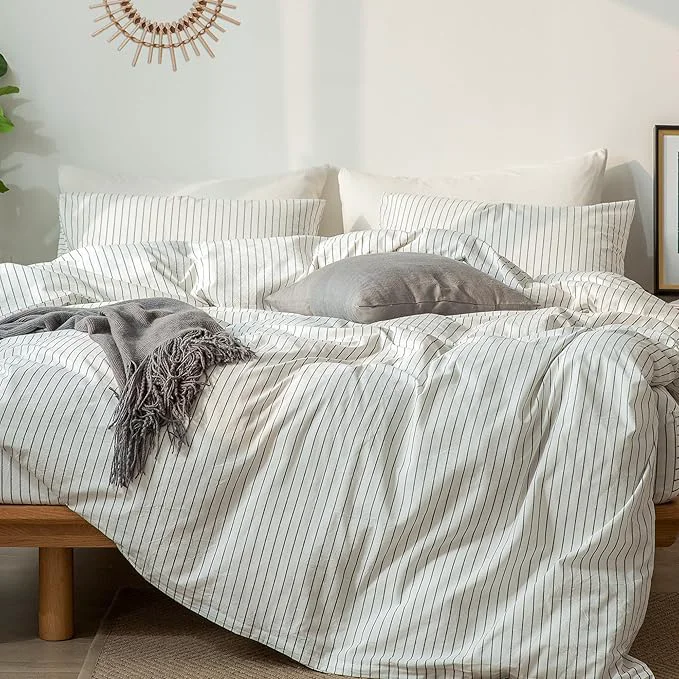 Smart MooMee Striped Duvet Cover Set Washed Cotton Linen Like Textured Breathable Durable Soft Comfy White Dark Grey Wide Stripes Palatial King Oversized King 120 quot x98 quot Dependable