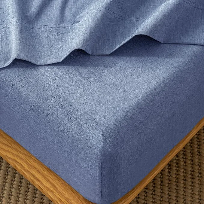 Top-Quality MooMee Fitted Bottom Sheet Only Washed Cotton Linen Like Textured Breathable Durable Soft Comfy Deep Pocket Fits Mattress up to 17 quot Blue Twin Dependable