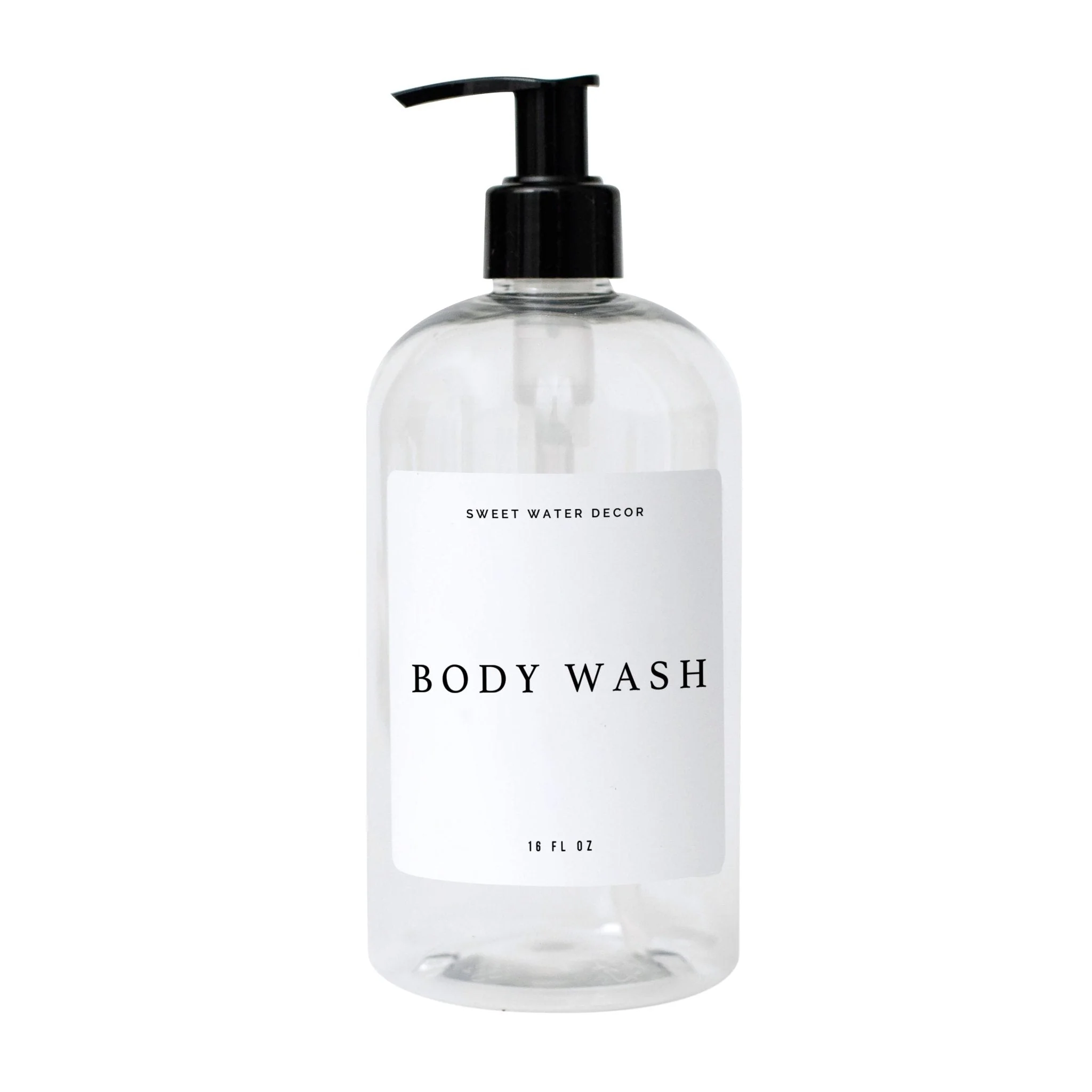 Superior 16oz Clear Plastic Body Wash Dispenser – White Text Label High-Performance