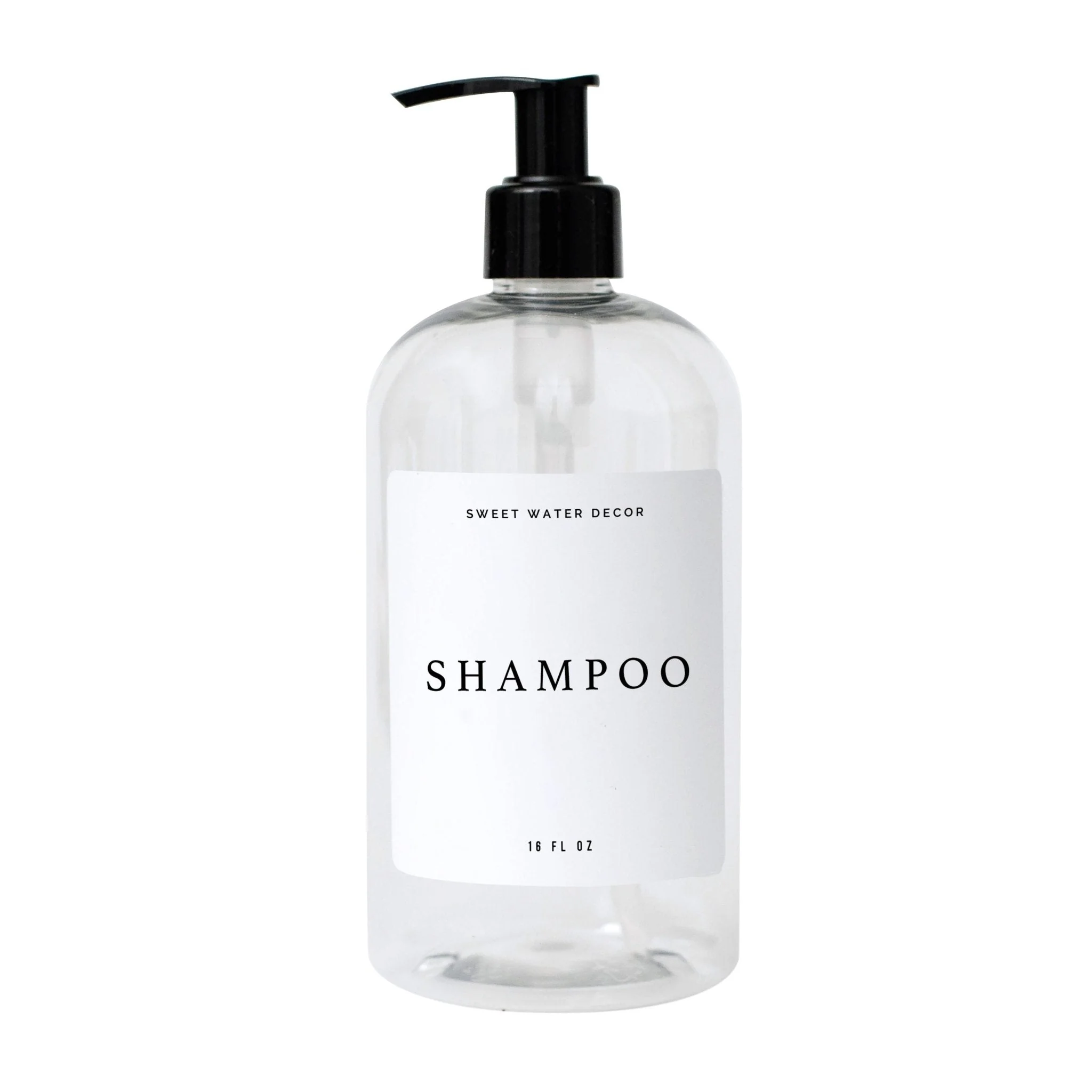 Original Design 16oz Clear Plastic Shampoo Dispenser- White Text Label Detailed