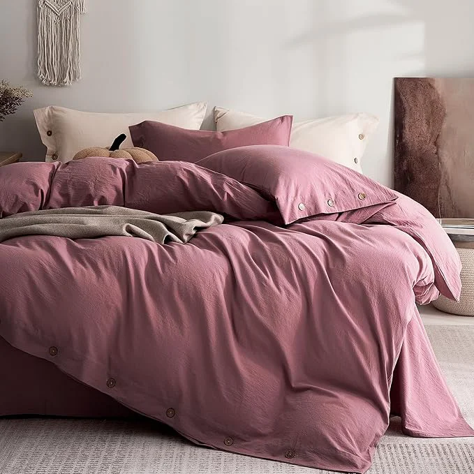 User-Friendly JELLYMONI Washed Cotton Duvet Cover King – Soft Breathable Linen-Look Bedding with Natural Wrinkle Texture Button Closure 3-Piece Set Deep Rose 104 quot x90 quot