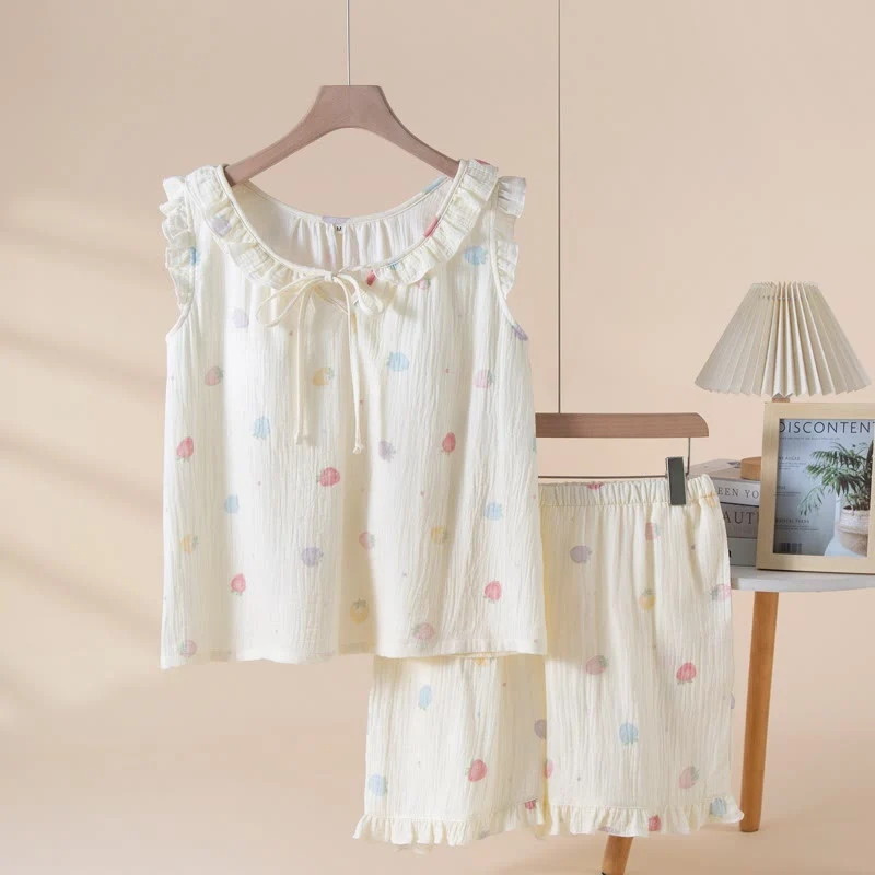 Advanced Ownkoti Cute Strawberry Cotton Gauze Sleeveless Pajamas Elegant
