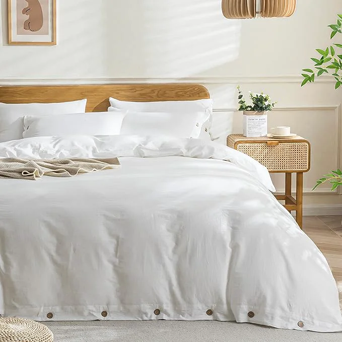 Flexible JELLYMONI White Duvet Cover Queen Size – Washed Cotton Linen Like Textured Comforter Cover 3 Pieces Breathable Soft Bedding Set with Button Closure Bright White Queen 90 quot x90 quot Carefully Designed
