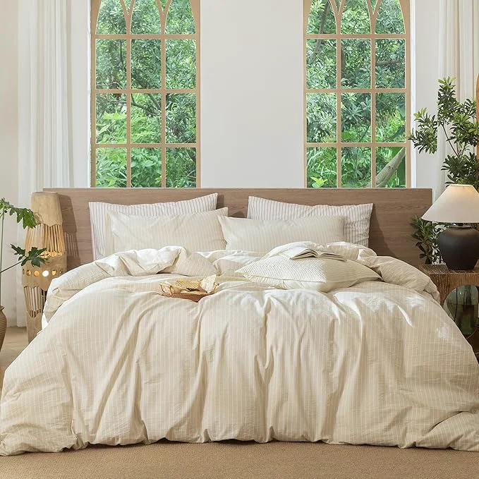 Original Design MooMee Striped Duvet Cover Set Washed Cotton Linen Like Textured Breathable Durable Soft Comfy Almond Milk Grey White Wide Stripes Oversized Queen 98 quot x98 quot Fine