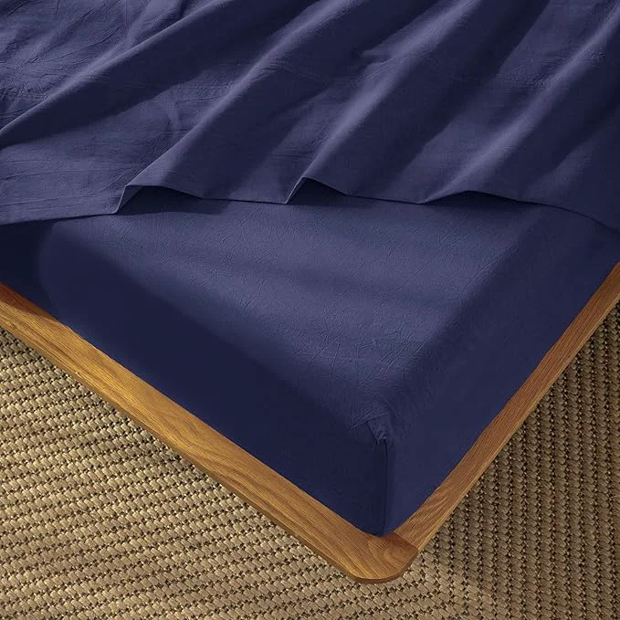 Lightweight MooMee Fitted Bottom Sheet Only Washed Cotton Linen Like Textured Breathable Durable Soft Comfy Deep Pocket Fits Mattress up to 17 quot Dark Blue Twin Next-Generation