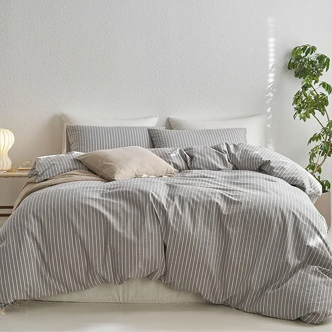 High-Grade MooMee Striped Duvet Cover Set Washed Cotton Linen Like Textured Breathable Durable Soft Comfy Light Grey White Wide Stripes Cal King 104 quot x98 quot Clean