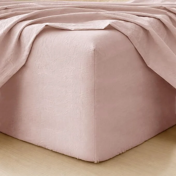 First-Class MooMee Fitted Bottom Sheet Only Washed Cotton Linen Like Textured Breathable Durable Soft Comfy Deep Pocket Fits Mattress up to 17 quot Greyish Pink King Premium Material