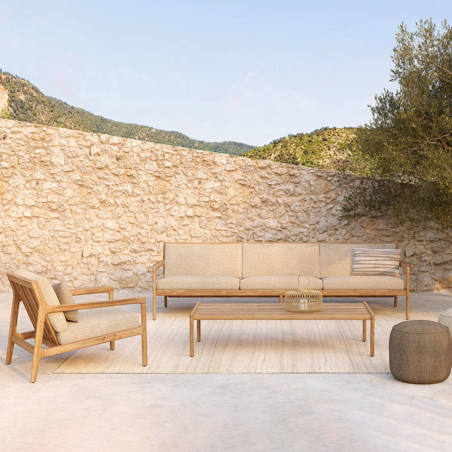 Contemporary Jack Solid Teak Outdoor 3 Seater Sofa Natural Fabric Smart