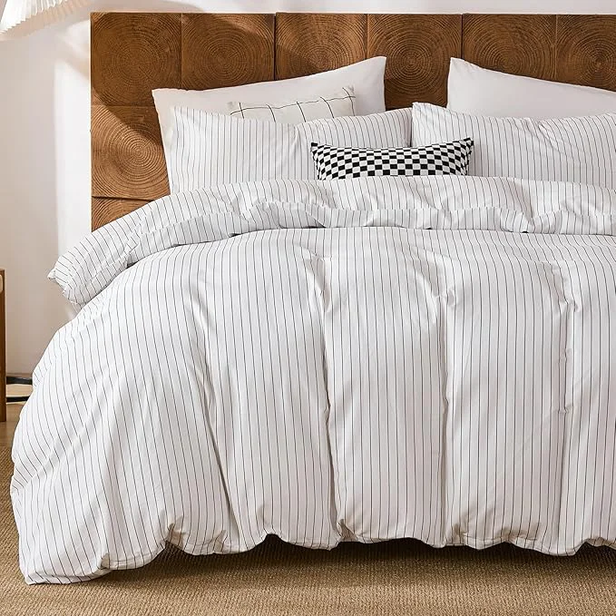 Environmentally Friendly Merryword Cotton Duvet Cover Set King Size Black Pinstripe Duvet Cover Set with Zipper Closure amp 8 Corner Ties Soft Lightweight Comforter Cover Luxury Linen Like Bedding for All Seasons Durable