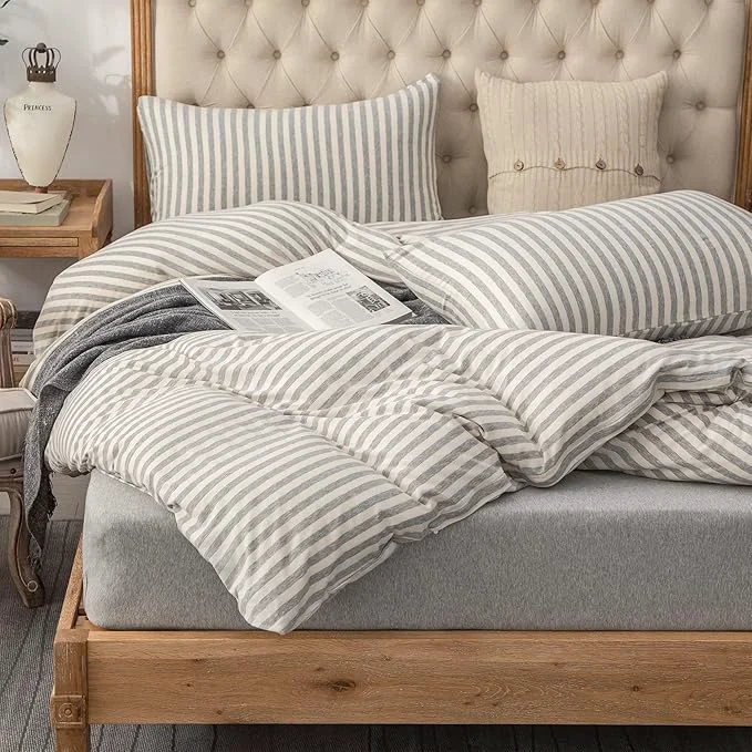 Outstanding PURE ERA Jersey Knit Duvet Cover Set T-Shirt Heather Cotton Super Soft Comfy Classic Striped Design with Zipper Closure Grey amp White Stripe Queen Lightweight