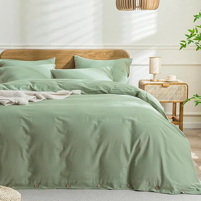 Casual JELLYMONI Cotton Duvet Cover King Size – Light Green Comforter Cover with Button Washed Cotton 3PCS Breathable Soft Solid Bedding Set Duvet Cover 104×90in amp 2 Pillowcases NO Comforter Traditional