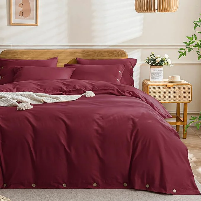 Specialty JELLYMONI Cotton Duvet Cover Full Size – Burgundy Comforter Cover with Button Washed Cotton 3PCS Breathable Soft Solid Bedding Set Duvet Cover 80×90in amp 2 Pillowcases NO Comforter