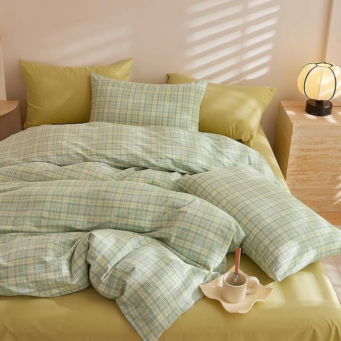 Exceptional EAVD Green Gingham Duvet Cover King Size Washed Cotton Bedding Set 3 Pieces Multicolor Grid Plaid Duvet Cover with 2 Pillowcases Modern Farmhouse Gingham Bedding Set with Zipper Closure Powerful