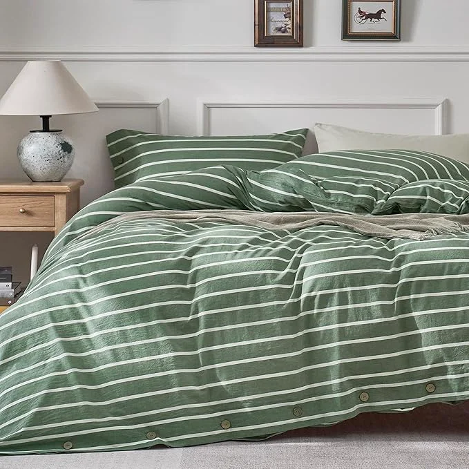 Reusable JELLYMONI Cotton Duvet Cover Twin Size – Green Striped Comforter Cover with Button Washed Cotton 2PCS Breathable Soft Solid Bedding Set Duvet Cover 68×90in amp 1 Pillowcase NO Comforter User-Friendly