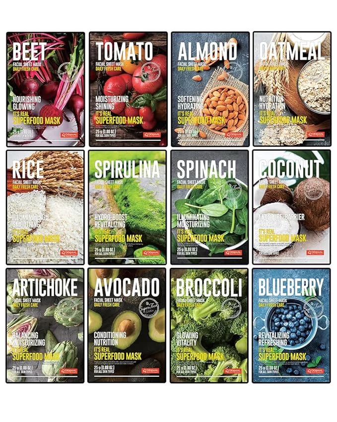 Recyclable DERMAL Super Food Face Masks Skincare- 12 Pack Facial Sheet Mask Effective