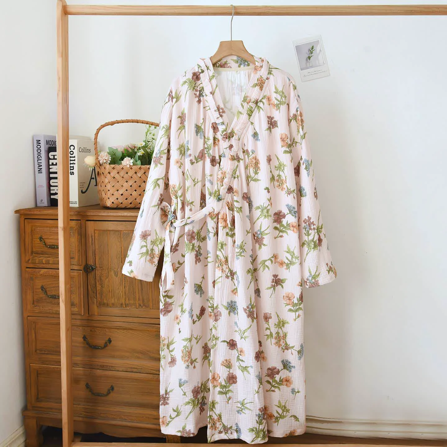 Stylish Ownkoti Floral Cotton Gauze Ruffled Neck Robe Superior
