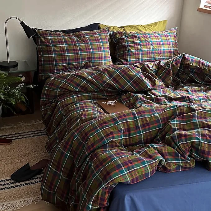 Trusted mixinni Vintage Multicolor Gingham Comforter Set Full Size – Washed Cotton 3-Piece Retro Plaid Pattern Bedding Set 1 Comforter 2 Pillowcases All-Season Lightweight amp Breathable Modern