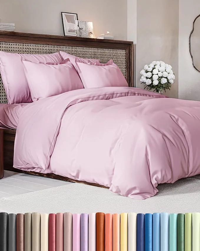 Long-Lasting Duvet Cover Queen Size Set – Extra Soft Queen Duvet Cover 90 quot x 90 quot with 2 Pillow Shams – Hotel Luxury Easy Care amp Fade w Zipper Closures amp Ties – All Season Comfy amp Breathable Light Pink Modern