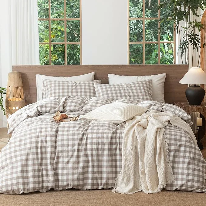 Responsible MooMee Gingham Duvet Cover Set Washed Cotton Linen Like Textured Breathable Durable Soft Comfy Modern Checkered Design Buffalo Plaid Tannish Linen Grey Cal King 104 quot x98 quot