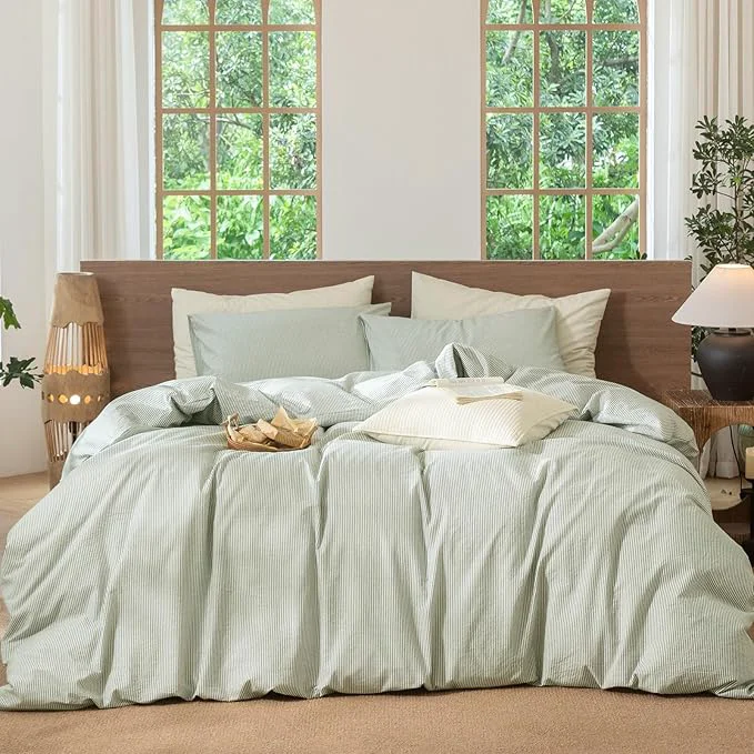 Carefully Designed MooMee Striped Duvet Cover Set Washed Cotton Linen Like Textured Breathable Durable Soft Comfy Sage Green White Pinstripes Full 80 quot x90 quot Trendy
