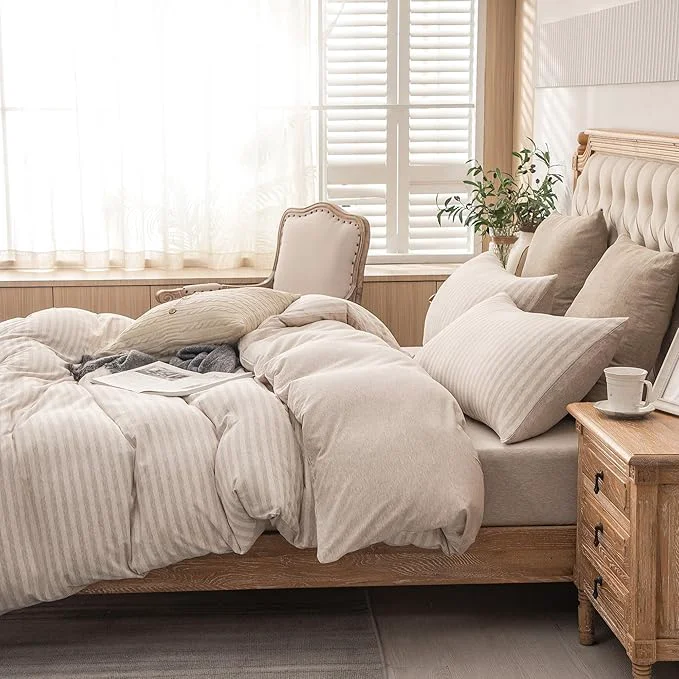 Proven PURE ERA Jersey Knit Duvet Cover Set T-Shirt Heather Cotton Super Soft Comfy Classic Striped Design with Zipper Closure Heather Beige Stripe Queen Optimized
