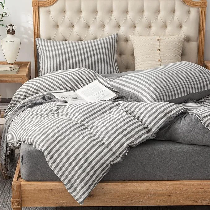 Healthy PURE ERA Jersey Knit Duvet Cover Set T-Shirt Heather Cotton Super Soft Comfy Classic Striped Design with Zipper Closure Grey Stripe Queen Advanced