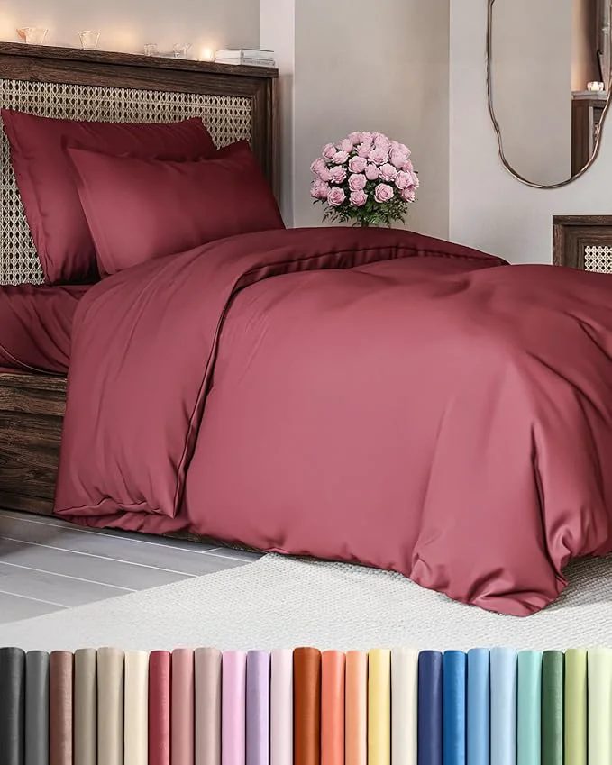 Genuine Duvet Cover Twin Twin XL Size Set – Extra Soft Twin Twin XL Duvet Cover 68 quot x 90 quot with 1 Pillow Sham – Hotel Luxury Easy Care Fade with Zipper Closures amp Ties – Comfy amp Breathable Burgundy Environmentally Friendly