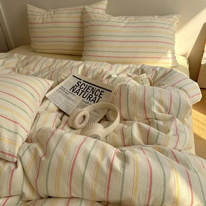 Fashionable EAVD Colorful Striped Duvet Cover Full Soft Cotton Vintage Pink Green Yellow Stripes Printed Bedding Set with 2 Pillowcases Retro Reversible Geometric Comforter Cover with Zipper Corner Ties Powerful