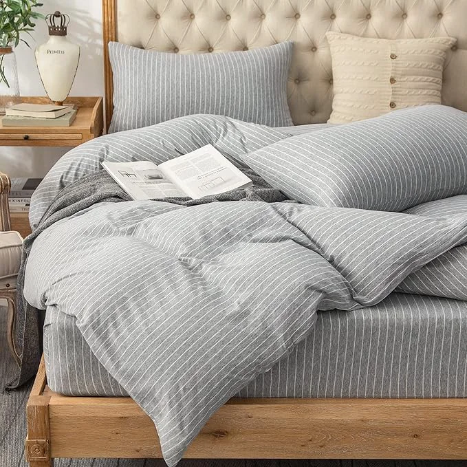 Dependable PURE ERA Jersey Knit Duvet Cover Set T-Shirt Heather Cotton Super Soft Comfy Classic Striped Design with Zipper Closure Grey amp White Pintripe Queen Recyclable