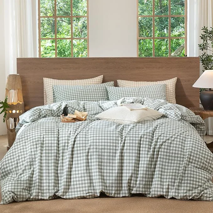 Reusable MooMee Gingham Duvet Cover Set Washed Cotton Linen Like Textured Breathable Durable Soft Comfy Modern Checkered Design Sage Green Gingham Super King 108 quot x98 quot Trusted