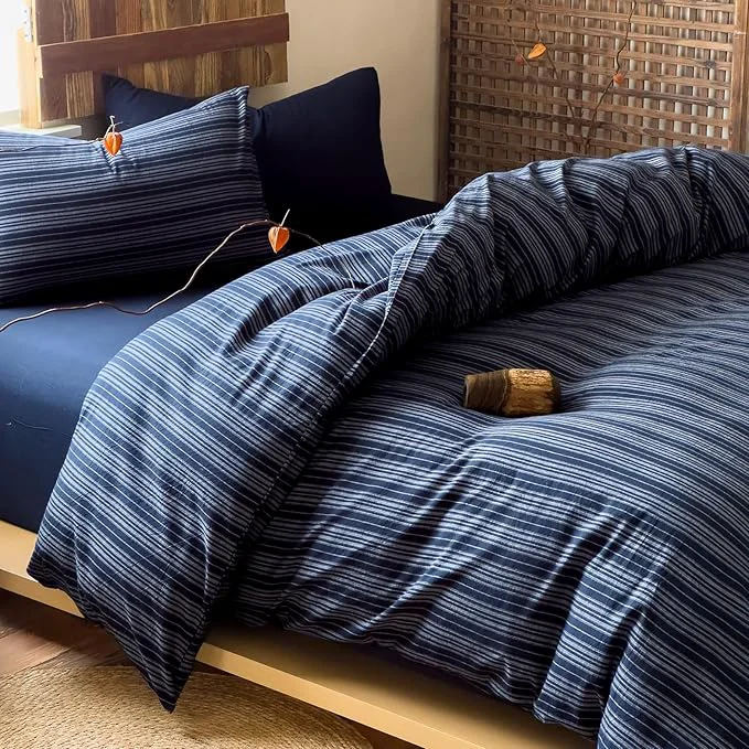 Refined EAVD Retro Striped Duvet Cover Full Navy Blue Soft Washed Cotton Reversible Stripes Pattern Bedding Set with 2 Pillowcases Farmhouse Geometric Pattern Duvet Cover with Zipper Closure Reliable