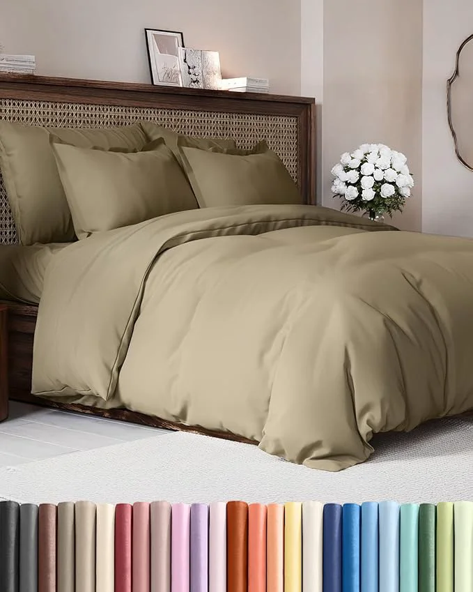 Powerful Duvet Cover Queen Size Set – Extra Soft Queen Duvet Cover 90 quot x 90 quot with 2 Pillow Shams – Hotel Luxury Easy Care and Fade w Zipper Closures amp Ties – All Season Comfy Cozy amp Breathable Khaki Responsible
