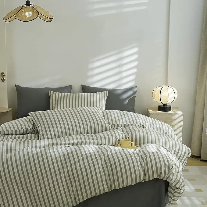Elite EAVD Grey Striped Duvet Cover Full Soft Washed Cotton White Grey Striped Bedding Set with 2 Pillowcases Modern Farmhouse Geometric Duvet Cover with Zipper Closure Premium