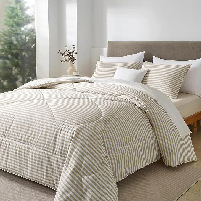 Crafted mixinni Tan Striped Comforter Set Queen Size – Beige Stripes Pattern Bed Set for All Season 3 Pieces Lightweight Bedding Comforter Sets for All Seasons 1 Soft Fluffy Comforter 2 Pillowcases Innovative