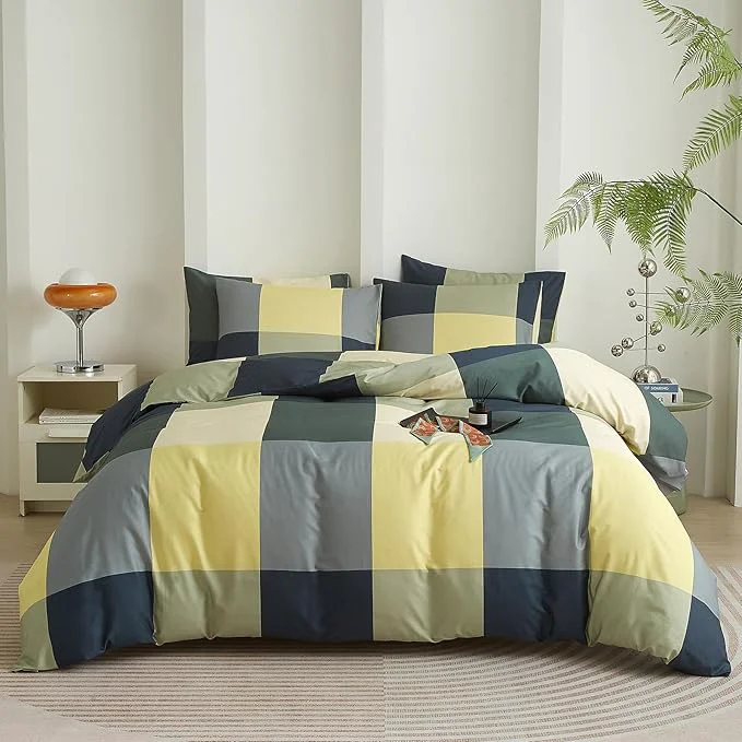 Efficient mixinni Queen Comforter Set Men Boys Geometric Checkered Plaid Printed Bedding Comforter for All Season Soft Lightweight Bedding Set- Queen Size Green Yellow Khaki Certified