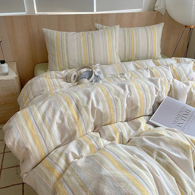 Pure EAVD Retro Striped Duvet Cover King Soft Washed Cotton Bedding Set with 2 Pillowcases Reversible Colorful Pinstriped Bedding Set Modern Farmhouse Geometric Duvet Cover with Zipper Closure Functional
