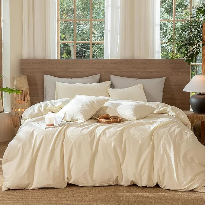 Elite MooMee Wavy Striped Duvet Cover Set Washed Cotton Linen Like Textured Breathable Durable Soft Comfy Cream White Full 80 quot x90 quot High-Quality