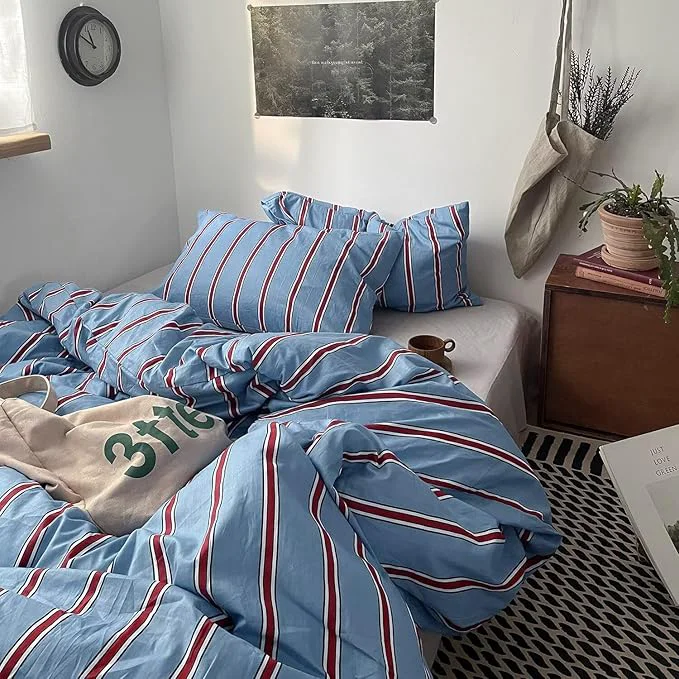 Versatile mixinni Vintage Blue amp Red Striped Comforter Set Full Size – Soft Cotton 3-Piece Bedding Set 1 Comforter 2 Pillowcases Retro Geometric Stripes Pattern All-Season Lightweight amp Breathable Solid