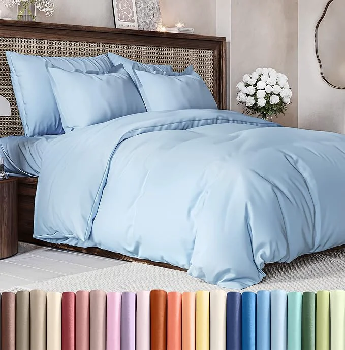 First-Class Duvet Cover Cal King Size Set – Extra Soft Cal King Duvet Cover 104 quot x 98 quot with 2 Pillow Shams – Hotel Luxury Easy Care amp Fade with Zipper Closures amp Ties – Comfy Cozy amp Breathable Sky Blue Easy-to-Use